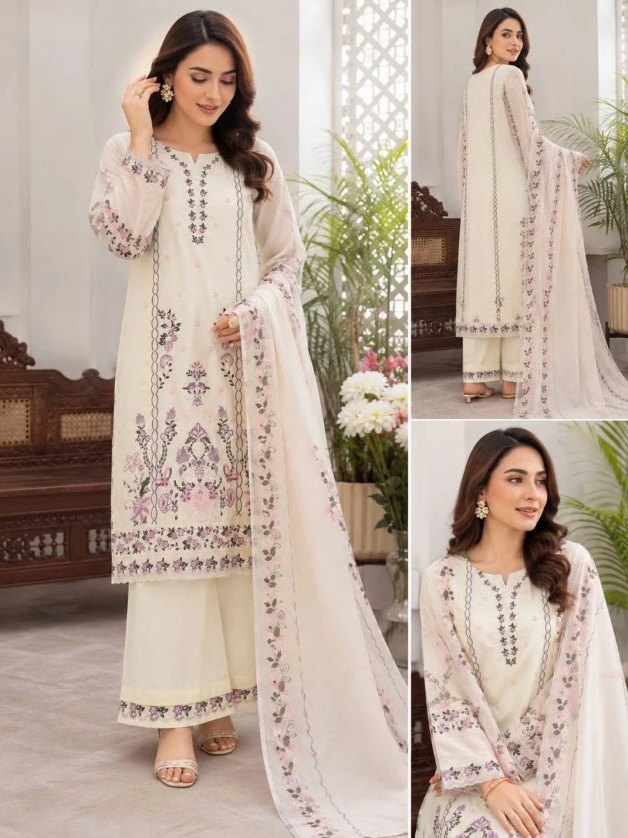 3pc lawn embroidery suite cream colour