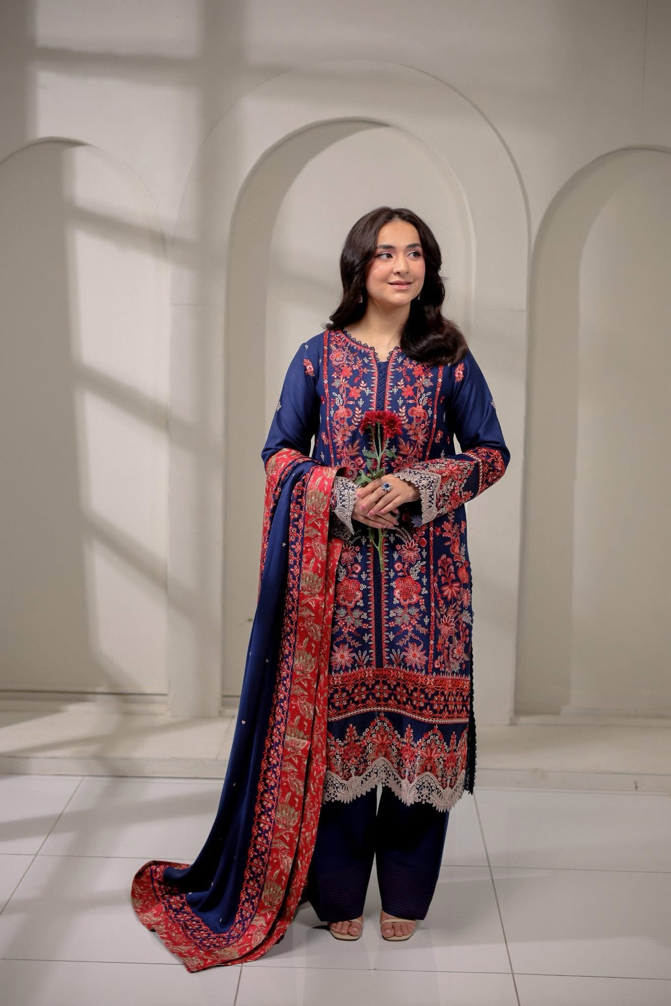 Dhanak Embroidered 3PC Suit with Printed Shawl