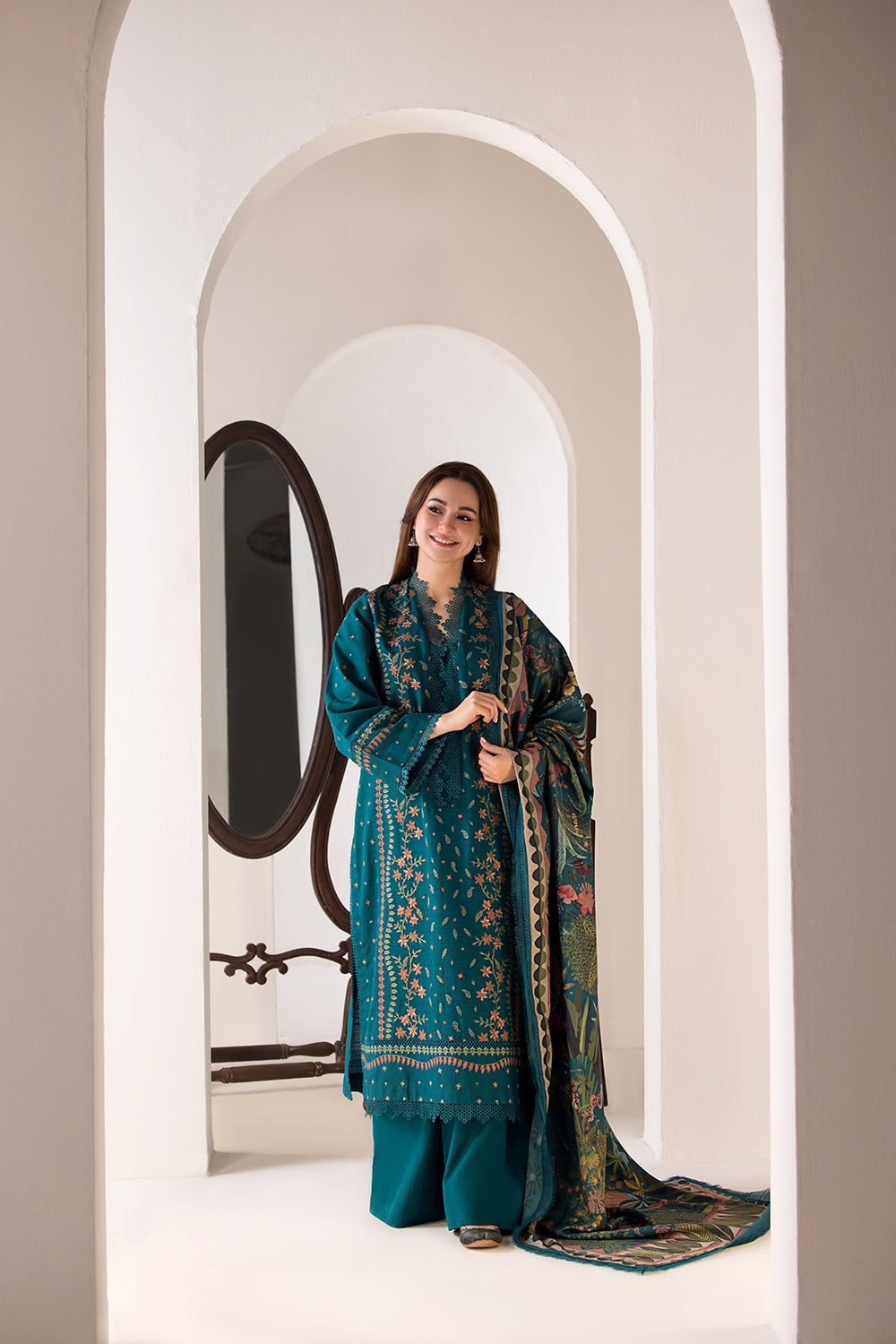 Dhanak Embroidered 3PC Suit with Printed Shawl
