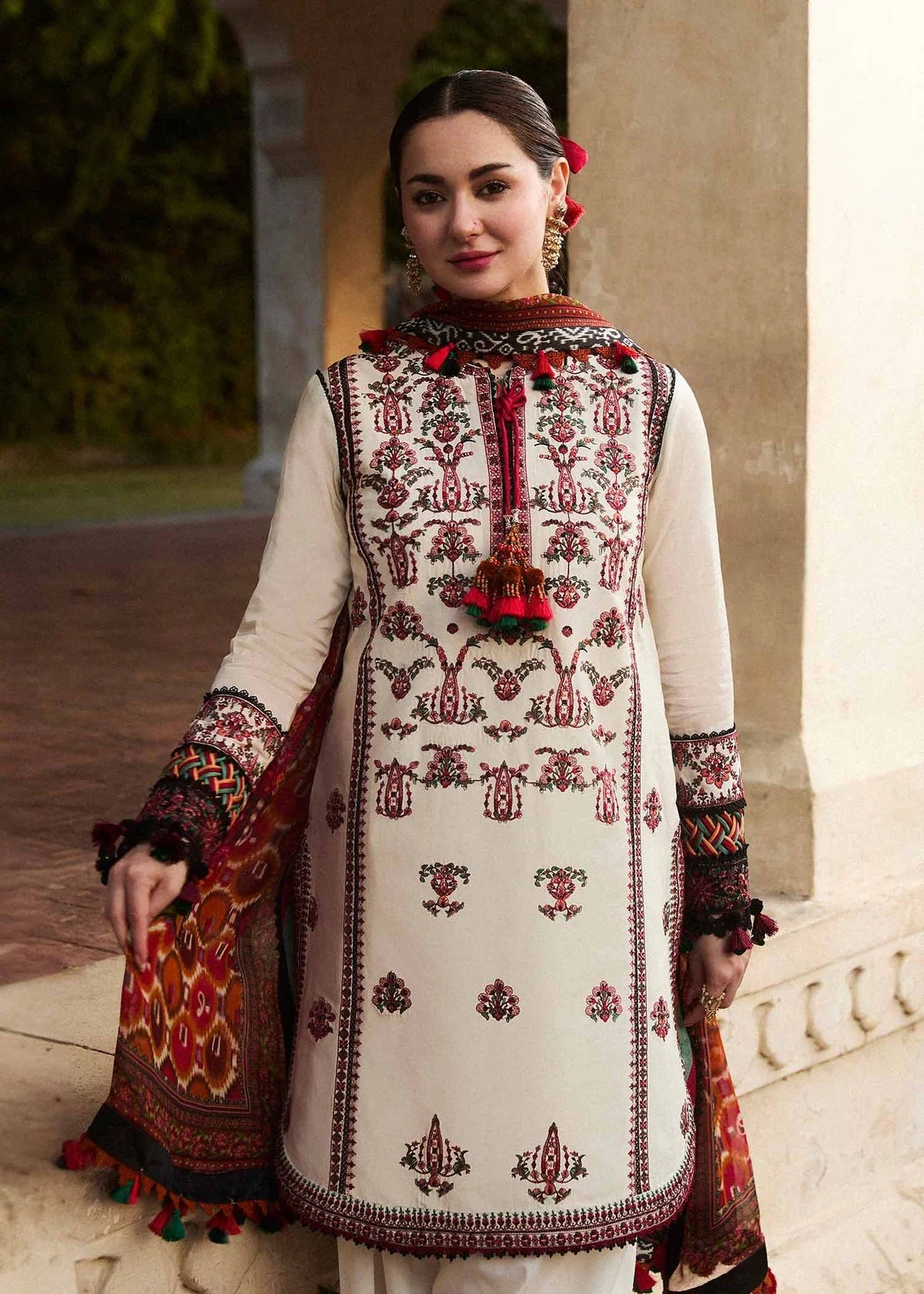 Dhanak Unstitched Embroidered 3PC Suit with Printed Shawl