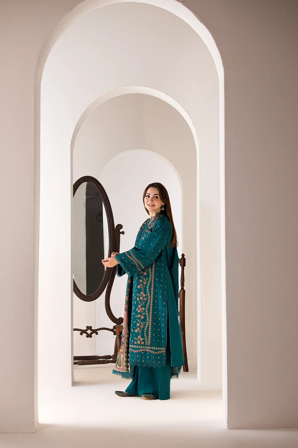 Dhanak Unstitched Embroidered 3PC Suit with Printed Shawl