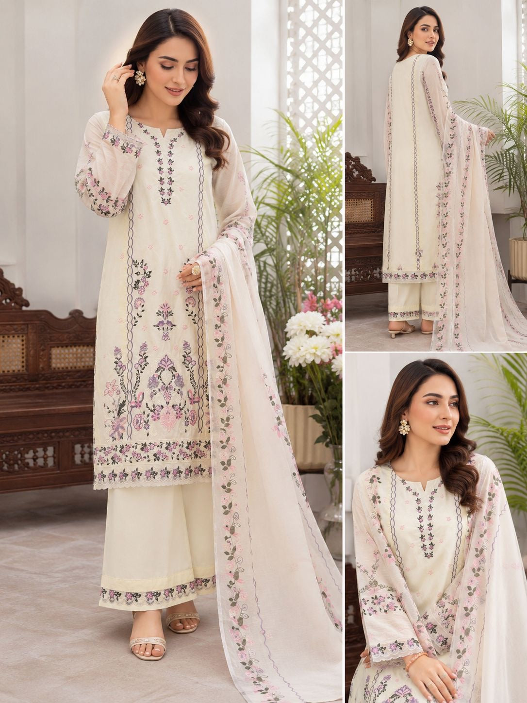 3pc lawn embroidery suite cream colour