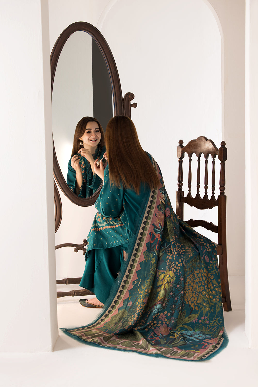 Dhanak Embroidered 3PC Suit with Printed Shawl