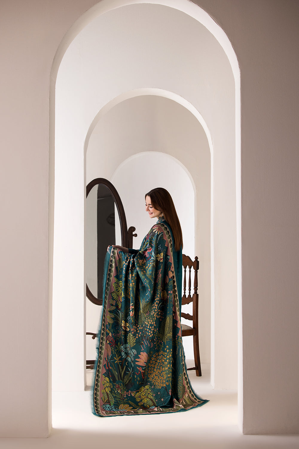 Dhanak Embroidered 3PC Suit with Printed Shawl