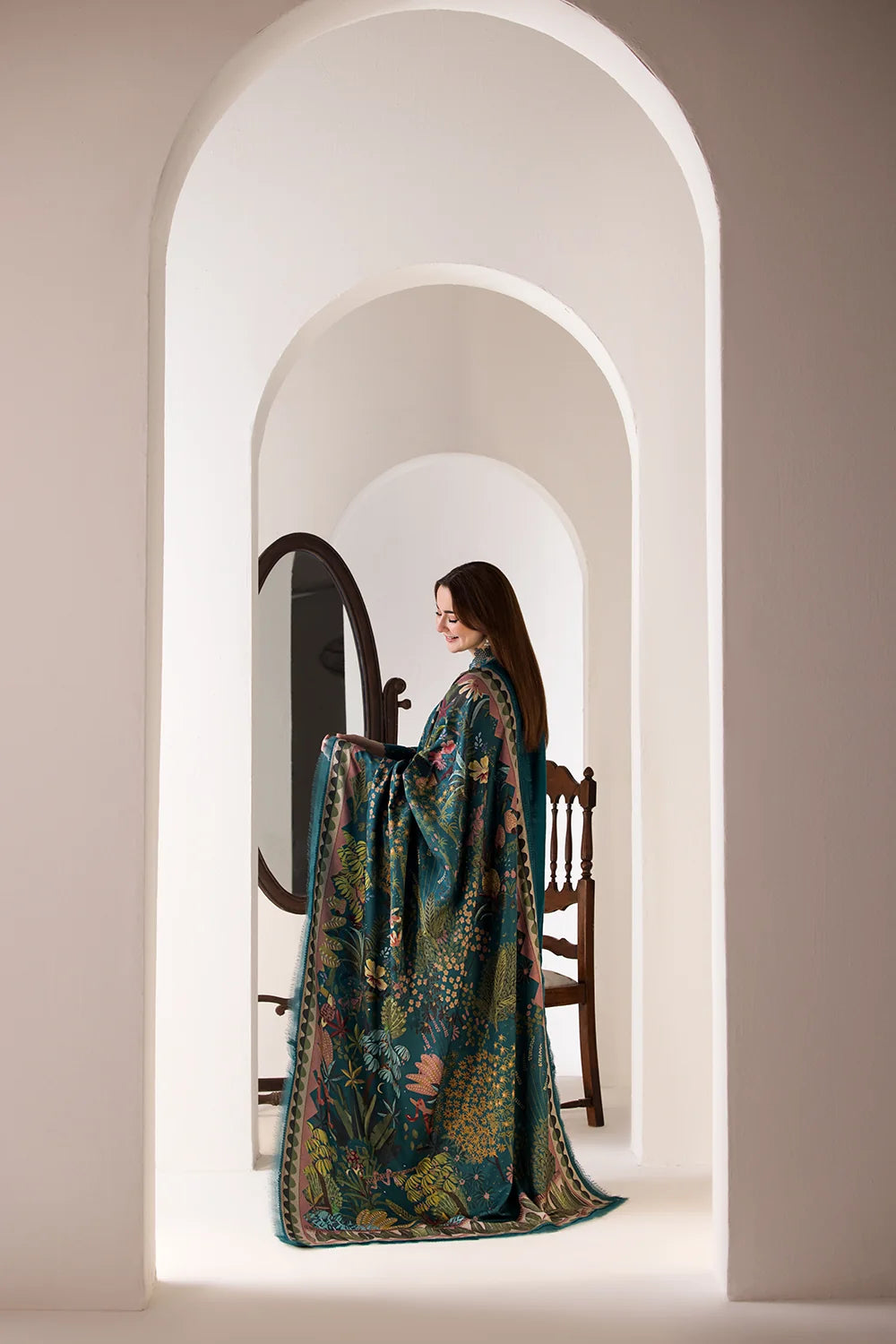 Dhanak Unstitched Embroidered 3PC Suit with Printed Shawl