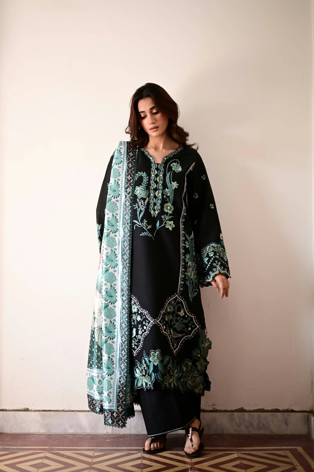 Dhanak Unstitched Embroidered 3PC Suit with Pashmina Shawl