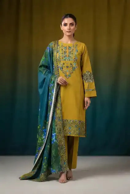 Dhanak Unstitched Embroidered 3PC Suit with Pashmina Shawl