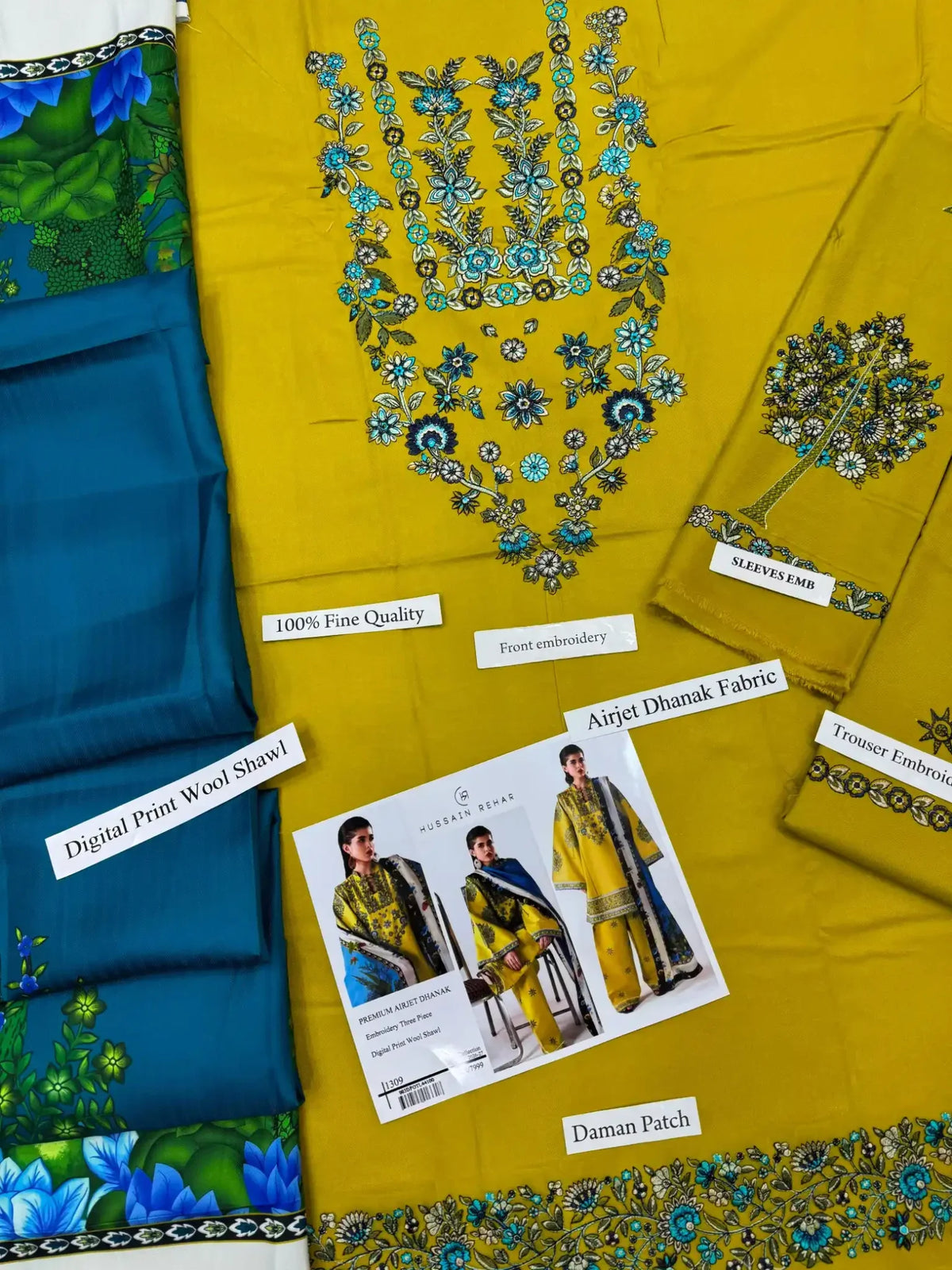 Dhanak Unstitched Embroidered 3PC Suit with Pashmina Shawl