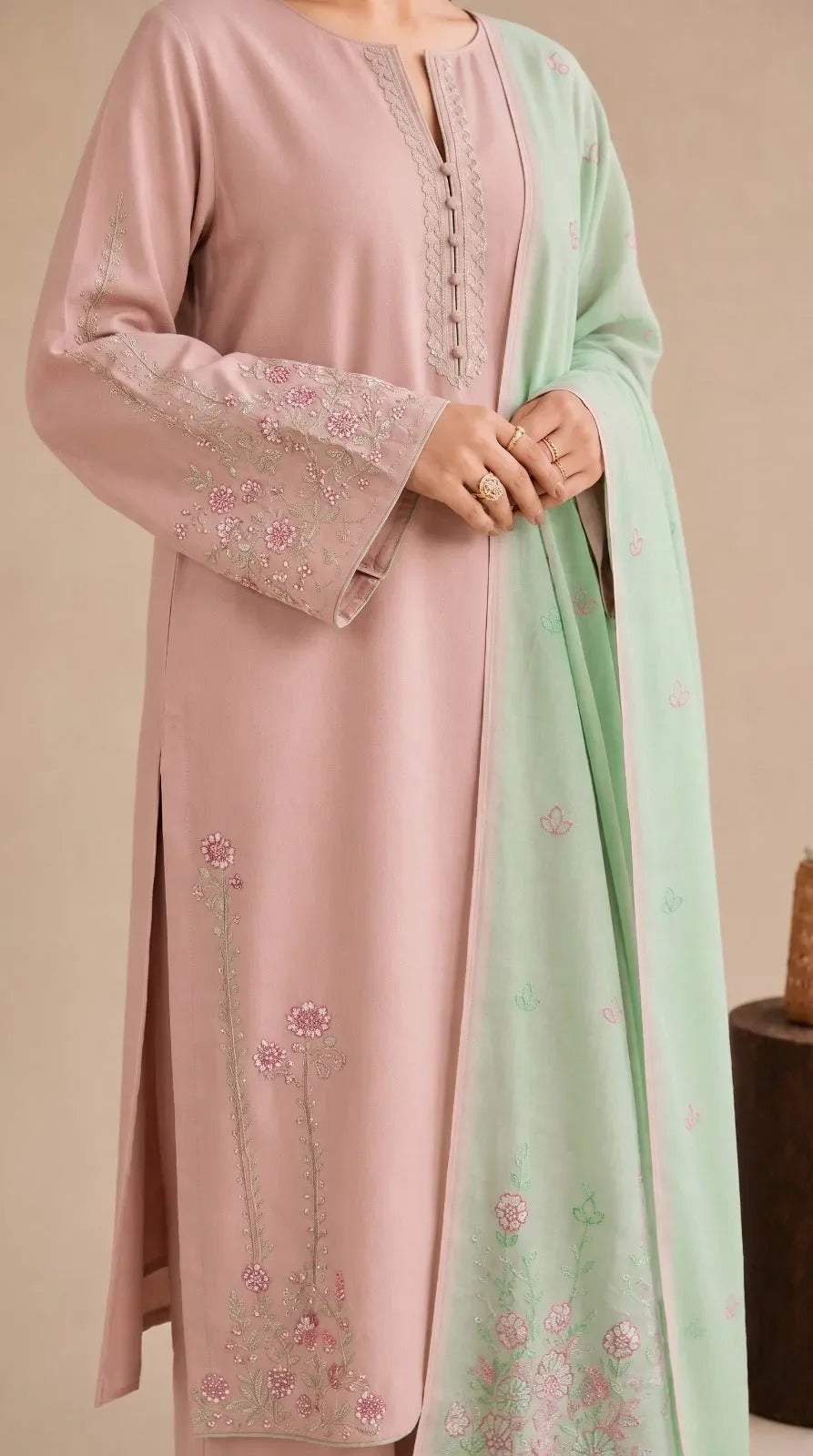 Dhanak Unstitched Embroidered 3PC Suit with Pashmina Shawl