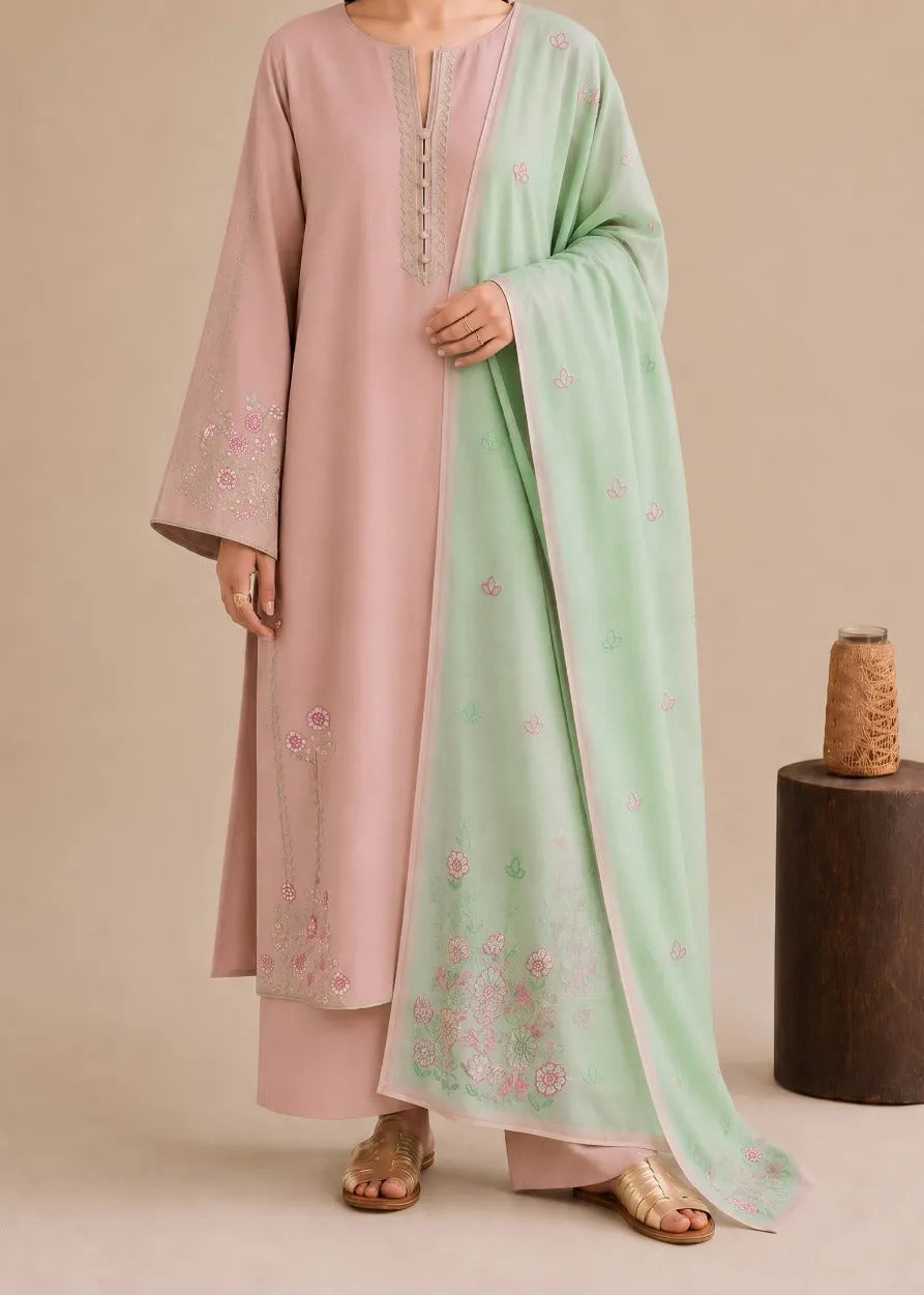 Dhanak Unstitched Embroidered 3PC Suit with Pashmina Shawl
