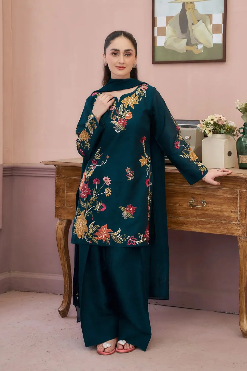 Dhanak Unstitched Embroidered 3PC Suit with Pashmina Shawl