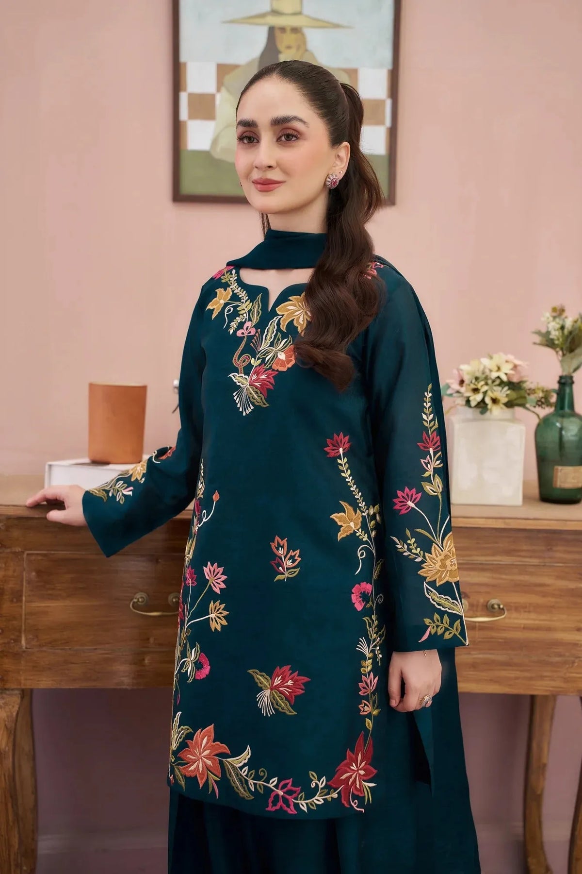 Dhanak Unstitched Embroidered 3PC Suit with Pashmina Shawl