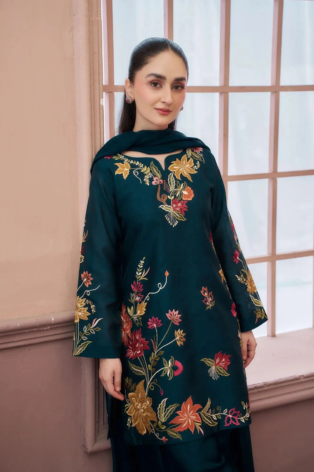 Dhanak Unstitched Embroidered 3PC Suit with Pashmina Shawl