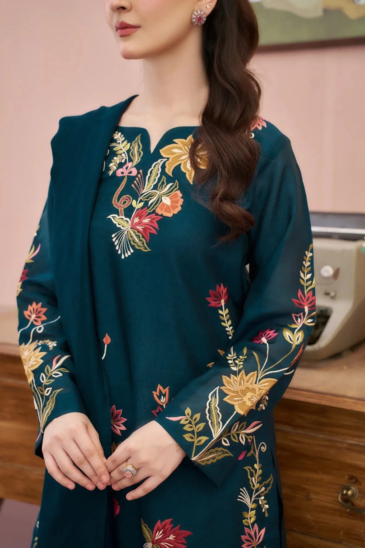 Dhanak Unstitched Embroidered 3PC Suit with Pashmina Shawl