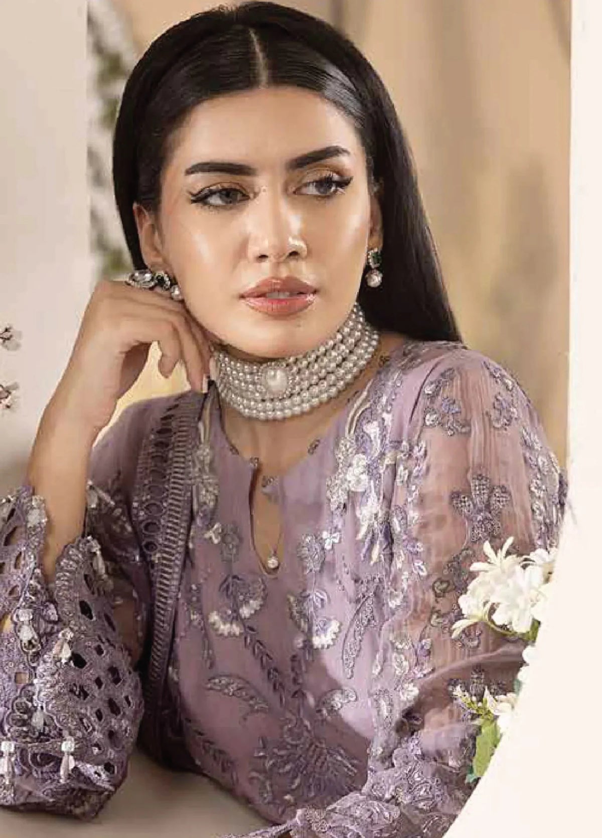 Close-up of D-07 Mauve chiffon shirt neckline and embroidered sleeves, stitched styling reference
