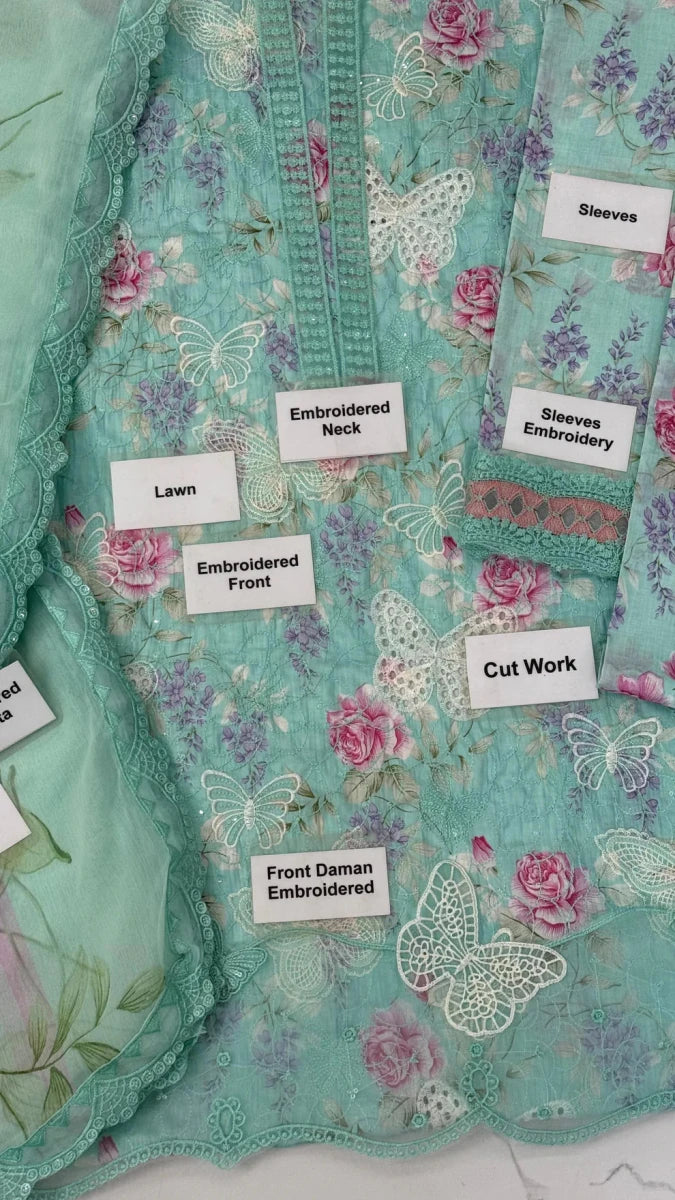 Butterfly Sky Blue Color Premium Pure Lawn With Chiffon Emb Border Duppata M-6101 - Rang Nazara