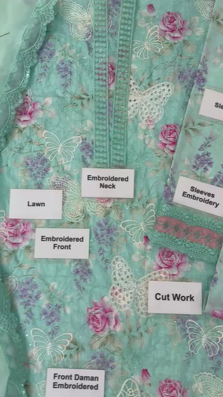 Butterfly Sky Blue Color Premium Pure Lawn With Chiffon Emb Border Duppata M-6101