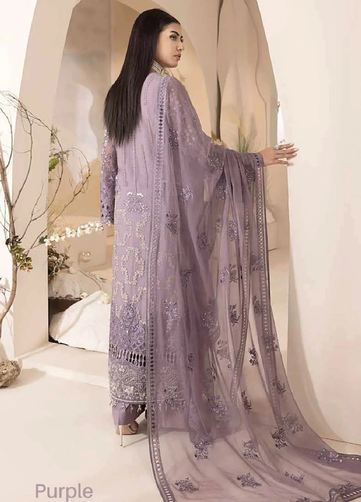 D-07 Mauve chiffon 3-piece suit, back styling view with embroidered dupatta