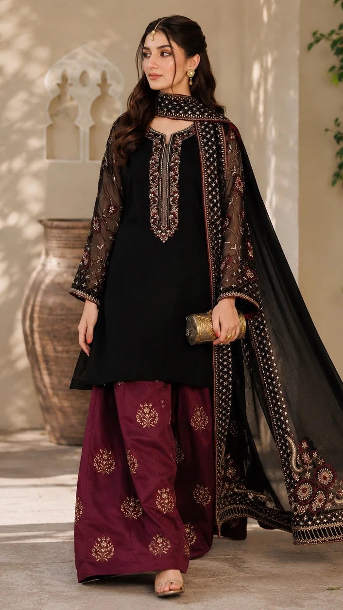 Black embroidered shirt and dupatta with burgundy trousers, front styling view of the Dhanak 3-piece unstitched dress