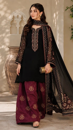 Black embroidered shirt and dupatta with burgundy trousers, front styling view of the Dhanak 3-piece unstitched dress