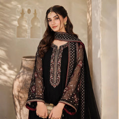 Black Dhanak 3-piece dress close-up showing floral neckline embroidery and embroidered sleeves