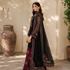 Black and burgundy Dhanak 3-piece dress angled styling view showing the embroidered dupatta border