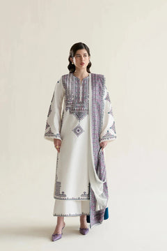 Ivory Dhanak 3-piece unstitched dress with mauve and teal geometric embroidery, full front styling view