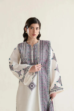 Ivory Dhanak dress close-up showing mauve and teal geometric embroidery on the shirt and dupatta