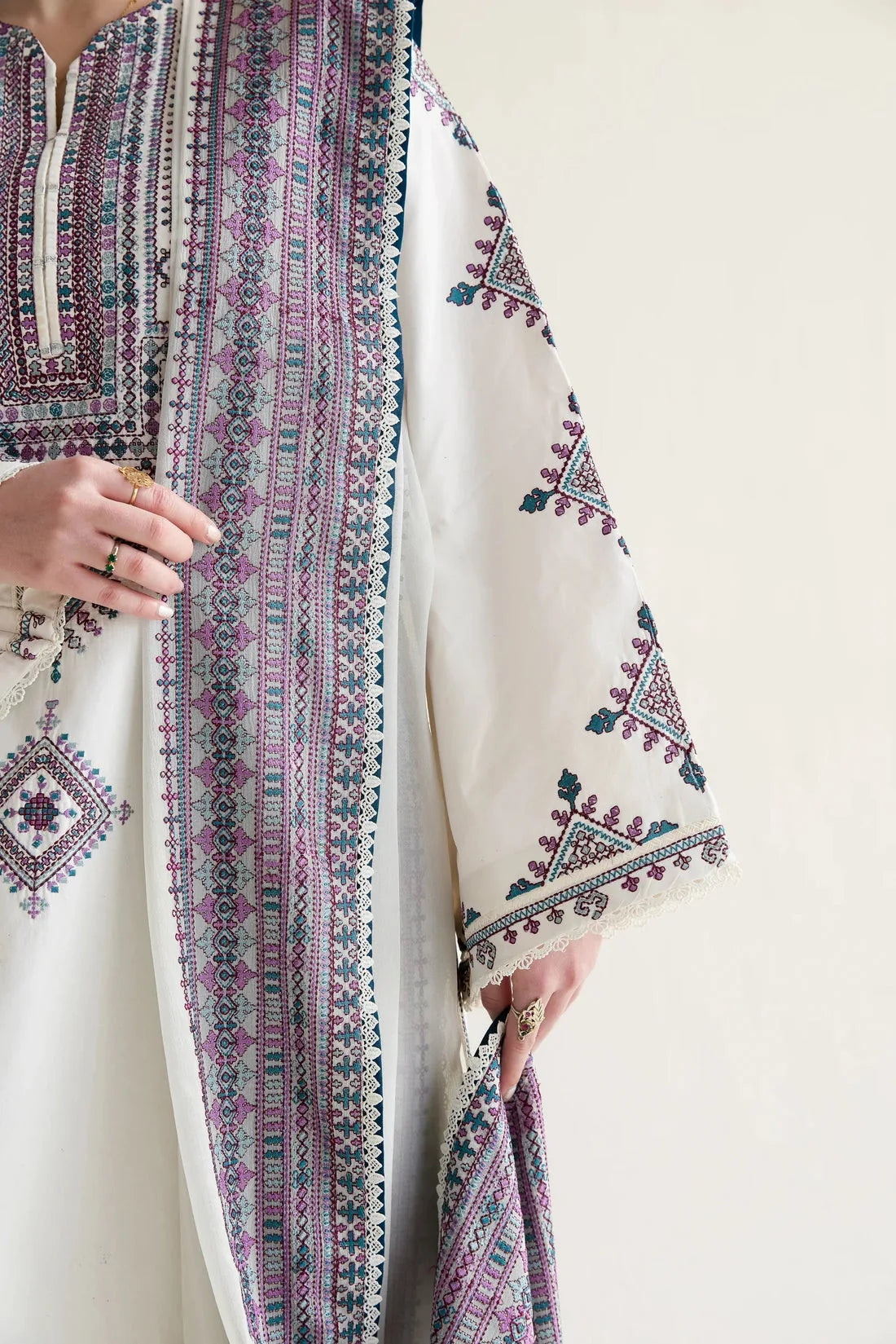 Detail of mauve and teal geometric embroidery on ivory Dhanak dress sleeves and dupatta