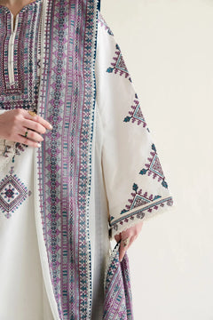 Detail of mauve and teal geometric embroidery on ivory Dhanak dress sleeves and dupatta