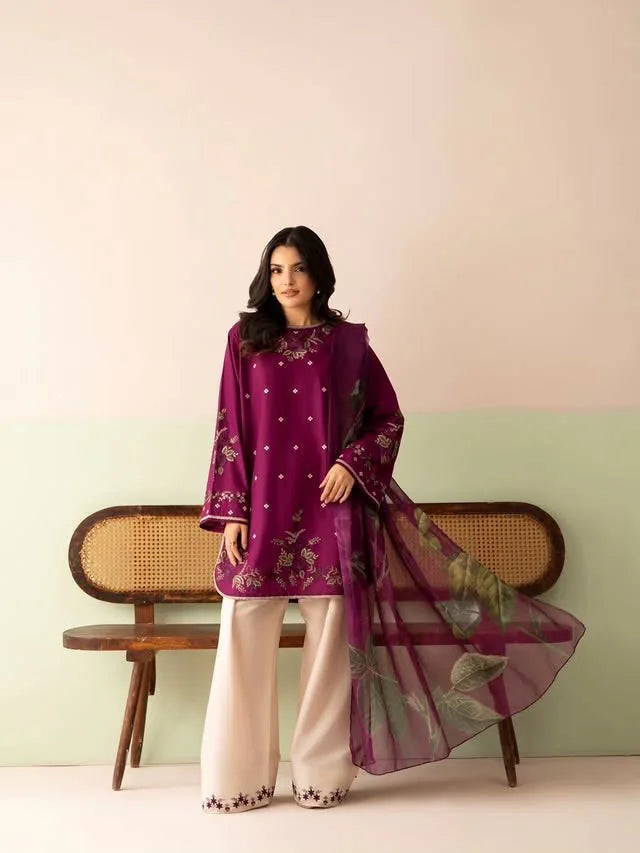 Plum Dhanak 3-piece unstitched dress with beige trousers and a leaf-pattern dupatta, full front styling view