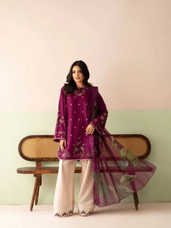 Plum Dhanak 3-piece unstitched dress with beige trousers and a leaf-pattern dupatta, full front styling view