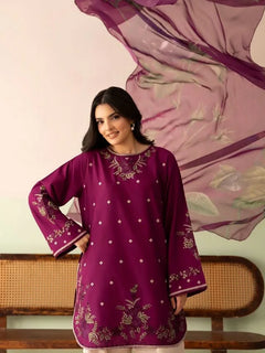 Plum Dhanak embroidered shirt and leaf-pattern dupatta, front styling view