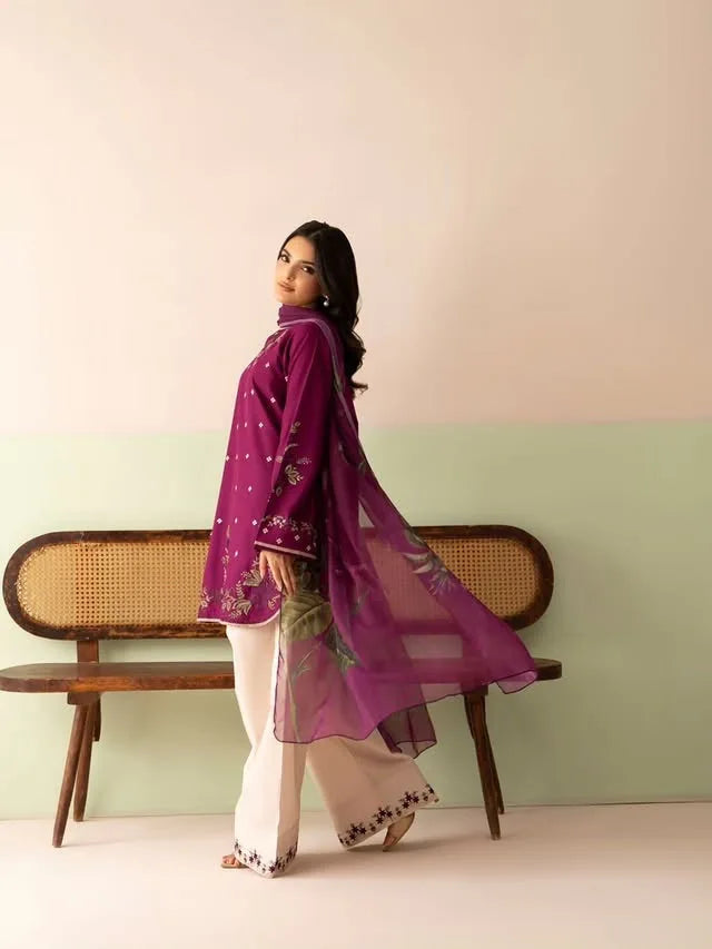 Plum Dhanak 3-piece dress with beige trousers and leaf-pattern dupatta, side styling view