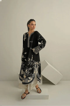 Black Dhanak unstitched 3-piece dress with ivory floral embroidery and ivory trousers, angled view