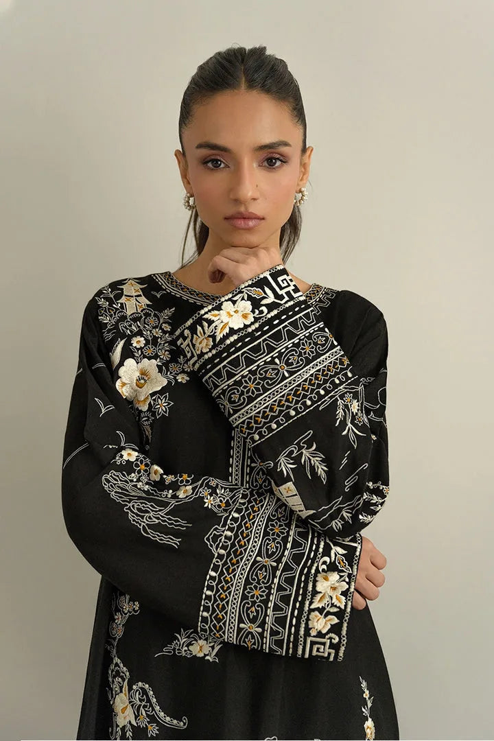 Black Dhanak unstitched 3-piece dress with ivory floral embroidery and ivory trousers, floral embroidery detail
