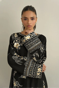 Black Dhanak unstitched 3-piece dress with ivory floral embroidery and ivory trousers, floral embroidery detail