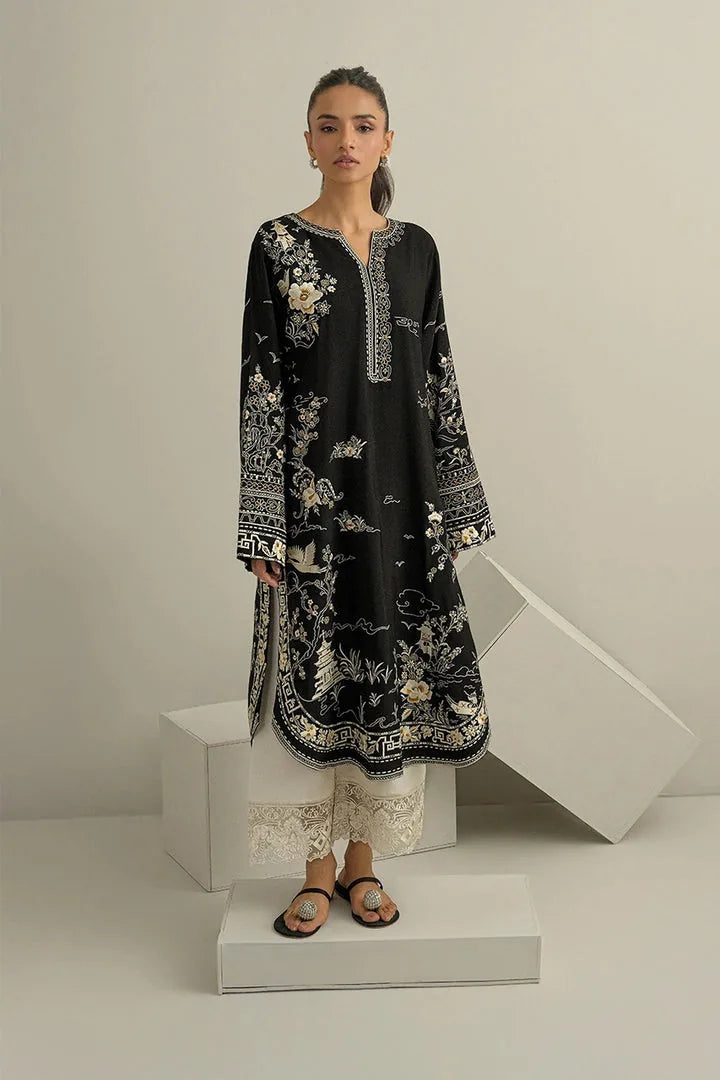 Black Dhanak unstitched 3-piece dress with ivory floral embroidery and ivory trousers, front view
