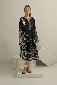 Black Dhanak unstitched 3-piece dress with ivory floral embroidery and ivory trousers, front view