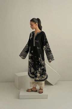 Black Dhanak unstitched 3-piece dress with ivory floral embroidery and ivory trousers, side view