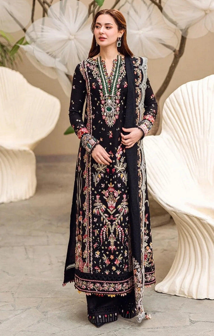 Black Dhanak unstitched 3-piece dress with pink and ivory floral embroidery, front styling view