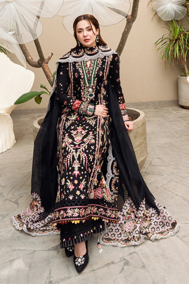 Black Dhanak unstitched 3-piece dress with pink and ivory floral embroidery and matching black dupatta, full styling view