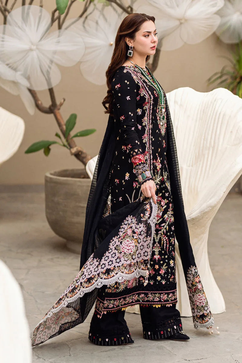 Black Dhanak unstitched 3-piece dress showing floral embroidery and ornate dupatta border, side styling view