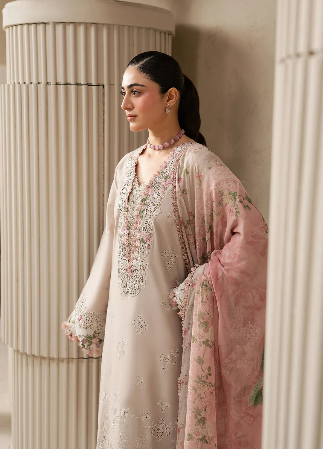 Clay beige Dhanak 3-piece dress with pale pink floral dupatta and embroidered sleeves