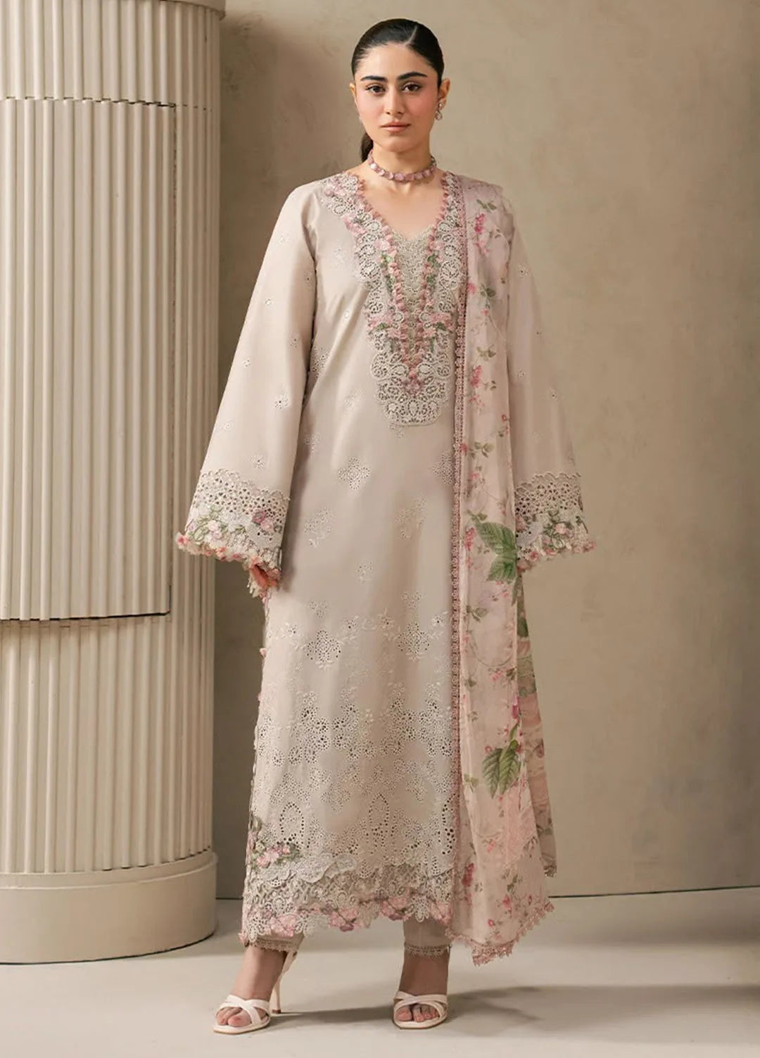 Clay beige Dhanak 3-piece unstitched dress with pink floral embroidery and pale pink dupatta, front styling view