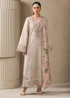 Clay beige Dhanak 3-piece unstitched dress with pink floral embroidery and pale pink dupatta, front styling view