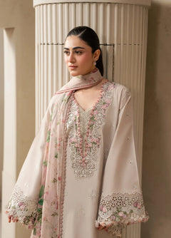 Clay beige Dhanak dress showing embroidered neckline, pink flowers and cutwork-style detailing