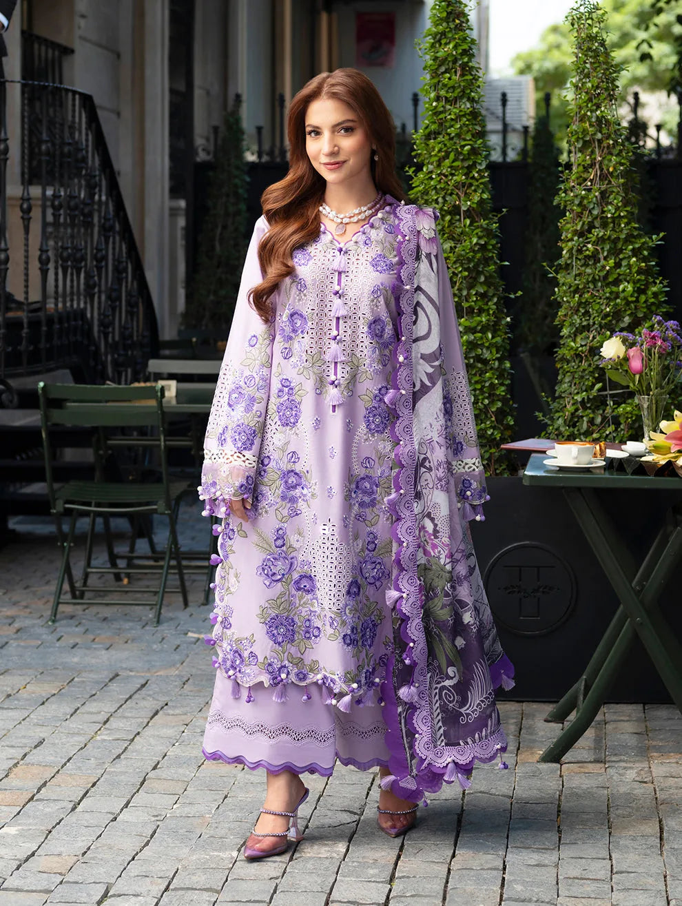 Lavender Dhanak 3-piece unstitched dress with purple floral embroidery and patterned dupatta, front styling view
