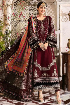 Maroon Dhanak dress showing ivory floral neckline embroidery, black sleeve borders and multicolour shawl detail