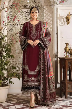 Maroon Dhanak 3-piece unstitched dress with ivory embroidery and a multicolour bordered shawl, front styling view